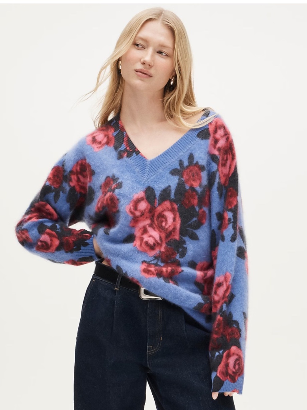 J.Crew Brushed cashmere relaxed V-neck sweater MEDIUM  in floral print